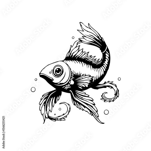 Elegant ink drawing of a goldfish swimming gracefully in clear waters perfect for minimalistic designs