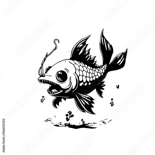 Cartoon illustration featuring a creepy anglerfish with sharp teeth swimming in the dark depths