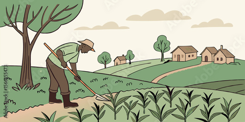 Farmer working in green field with village houses agriculture