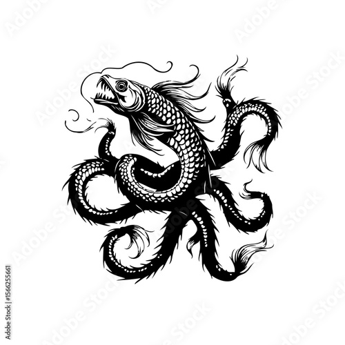 Intricate black and white illustration of a fearsome sea serpent with tentacles and scales depicting ancient mythology