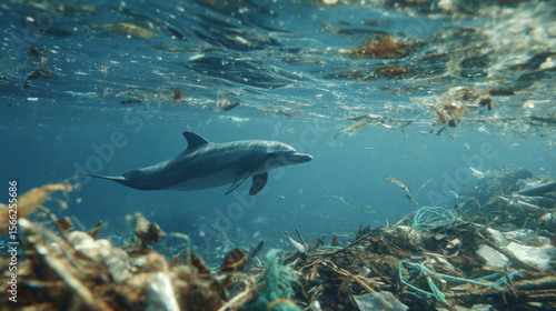Wallpaper Mural Wide shot of a dolphin swimming through layers of garbage and synthetic waste, broken fishing gear floating around, emotional tone highlighting environmental destruction Torontodigital.ca