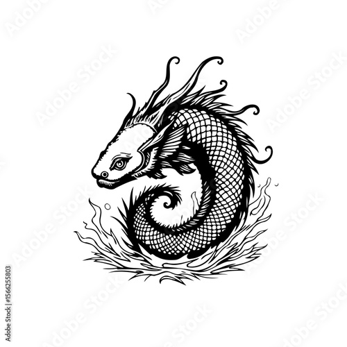 Intricate mythical serpent fish drawing with elegant scales and flowing aquatic elements creates magical atmosphere