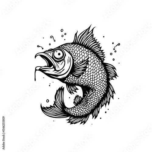 Detailed black and white drawing shows a fish with expressive eyes, bubbles, and scales design