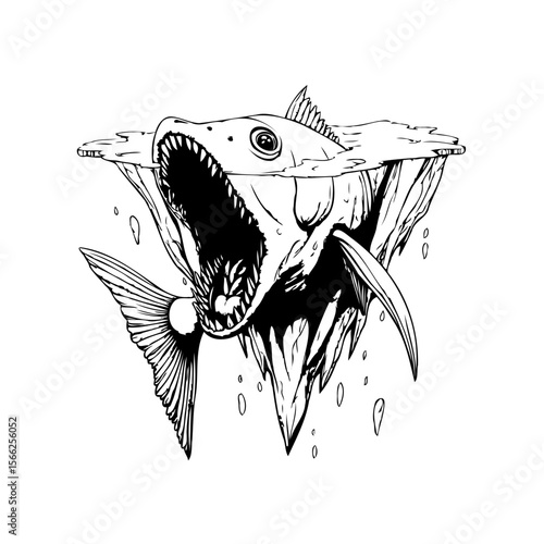 Aggressive predatory fish emerges from water captivating vector illustration showcasing ferocious open mouth and sharp teeth