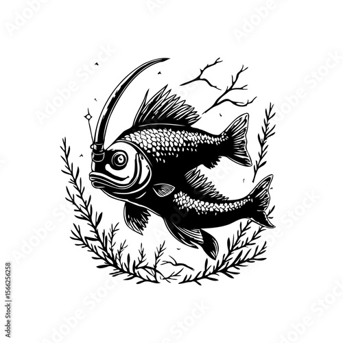 Monochrome aquatic illustration featuring two surreal fish joined with spear amid botanical wreath and branches design