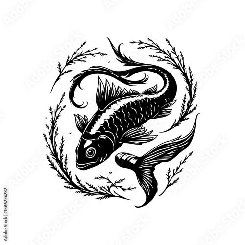 Elegant monochrome koi fish illustration amidst graceful seaweed branches creating a serene artistic representation for zen concept