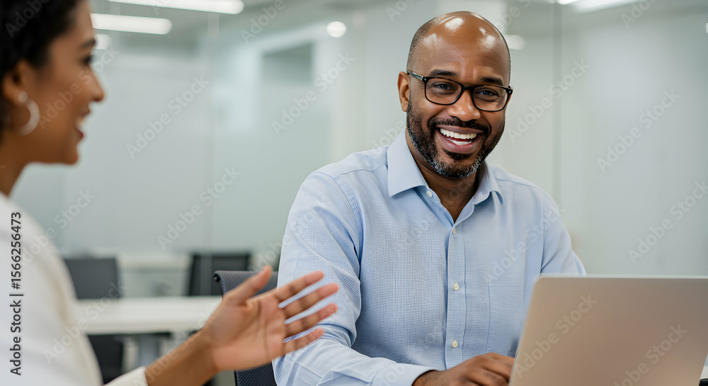 Fototapeta premium Business Meeting Between a Man and a Woman in Modern Office Setting Engaged in Discussion and Collaboration