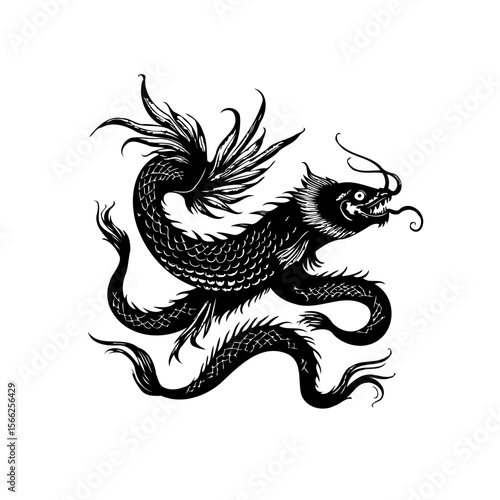 Vintage mythological creature drawing depicting a serpentine dragon with elaborate fins and whiskers vector illustration