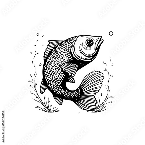 Detailed fish line art illustration displaying aquatic wildlife in underwater ecosystem with elegant design