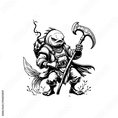 Intricate black and white illustration featuring a fish-headed warrior wielding an axe with unique design elements and details