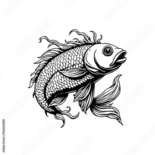 A captivating monochrome depiction of a fish showcasing intricate details and artistic finesse in illustration excellence