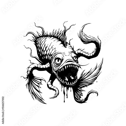 Detailed grotesque fish illustration showcases sharp teeth menacing stare eerie creature art unique drawing