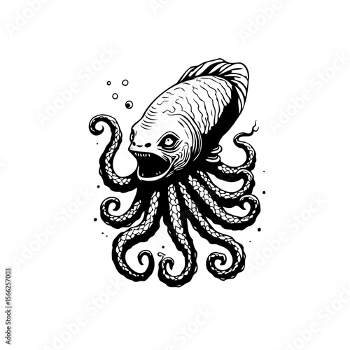 A bizarre and captivating fusion a fish with an octopus: a striking line art illustration