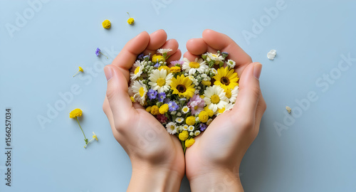 Hands holding a heart-shaped bouquet of flowers