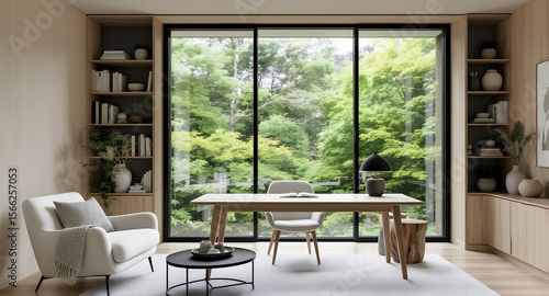 Modern home office with forest view