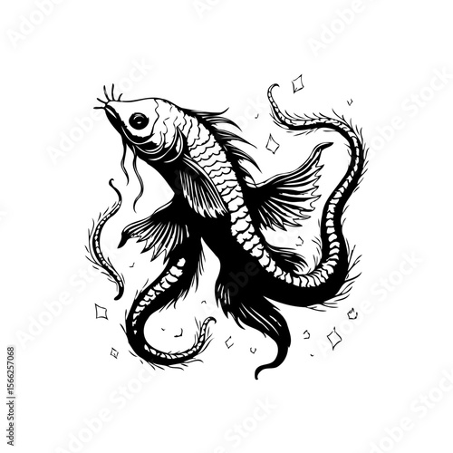Detailed depiction of an ornate fish illustration with flowing fins and elaborate scales creating aesthetic appeal