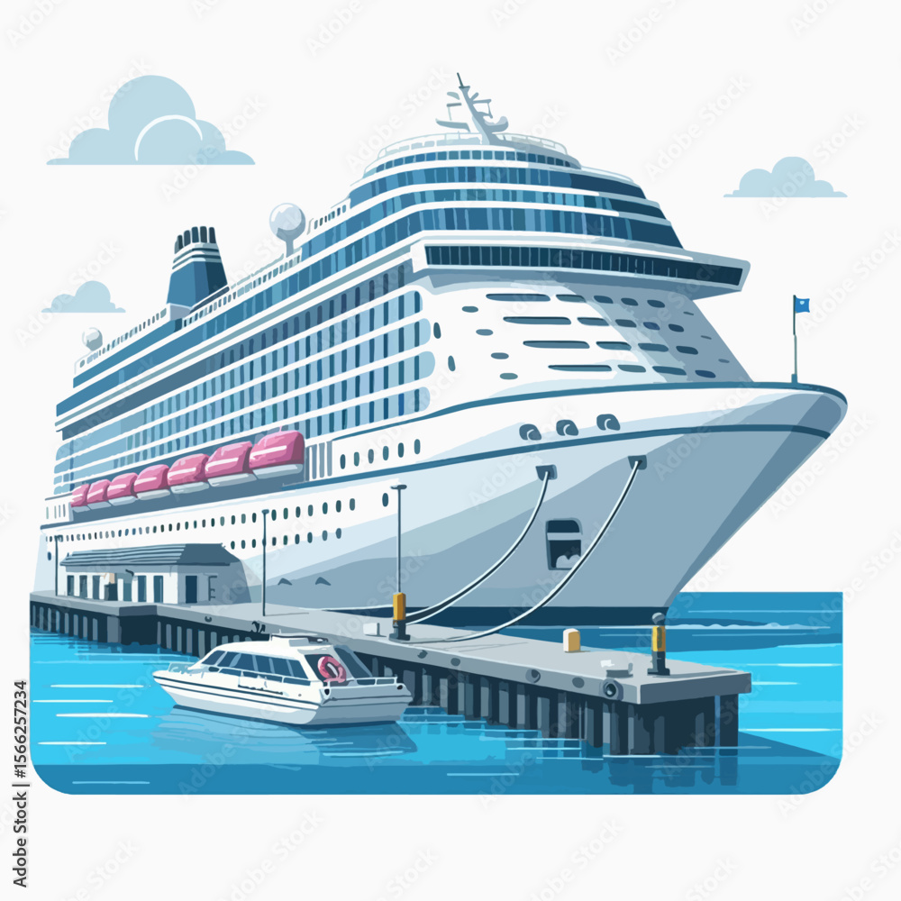 Obraz premium Digitally rendered image depicts a large, modern cruise ship at a calm harbor, with a smaller passenger vessel alongside the dock. The scene portrays a relaxed and peaceful travel experience.