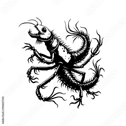 Intricate insect illustration a black and white design with striking detail and elegant curves and flourishes