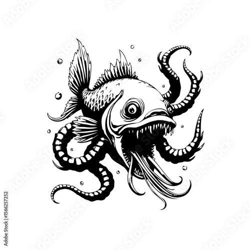 Illustrative depiction of a menacing sea creature amalgamating fish and octopus attributes creating a striking visual