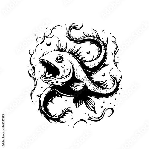 Illustrative depiction of a deep sea anglerfish showcasing its menacing teeth and intriguing adaptations for survival
