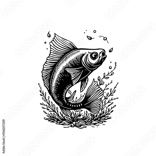 Detailed fish drawing of a freshwater species swimming elegantly with seaweed at the bottom of the sea