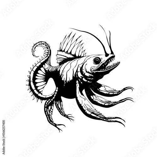 Intricate illustration of deep sea anglerfish with sharp teeth in monochrome detailed design showcasing ocean depths