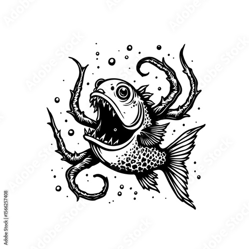 Creepy fish with tentacles emerging from its back in a monochrome illustration isolated on white background