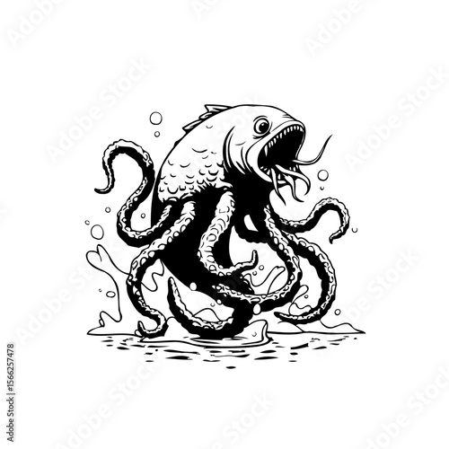 Mystical amalgamation of marine life illustration showcasing a bizarre fish octopus creature on water in a black and white drawing