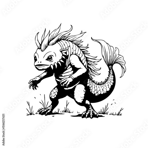 Mystical amphibian creature illustration with intricate scales and striking detail for fantasy realms and design