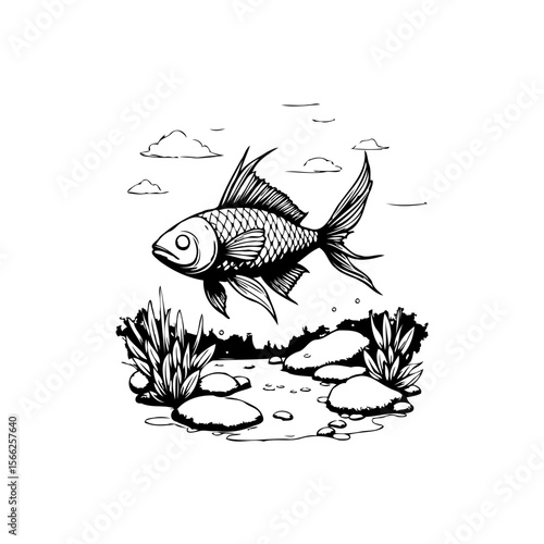 A simple black and white drawing of a fish jumping out of the water artistic expression creative representation