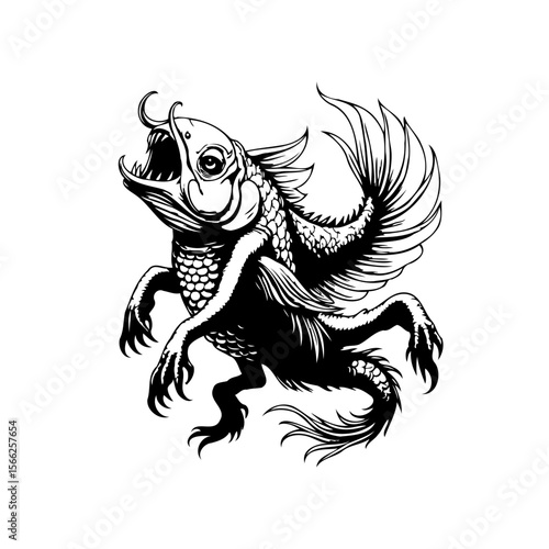A vintage fantasy creature illustration of a monstrous fish hybrid, suitable for a design element
