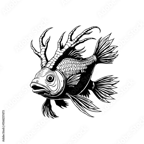 A fantastic illustration showcasing a unique and imaginative fish with antler-like appendages aquatic creature design