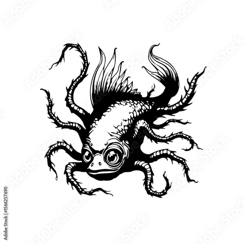 Intricate black and white illustration of a surreal fish creature with tentacles and fins fantasy art