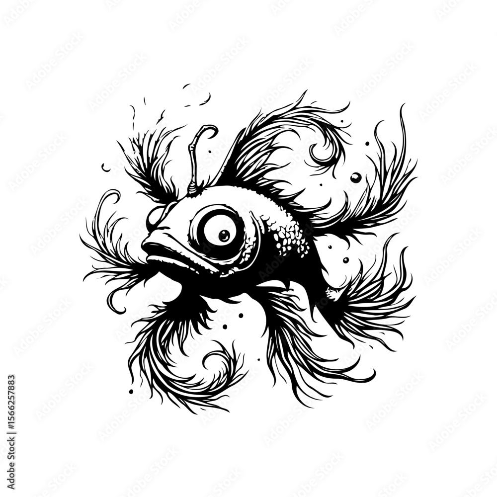 Fototapeta premium Whimsical deep sea anglerfish cartoon illustration with exaggerated features in black and white artwork perfect for designs