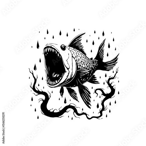 Intricate illustration of a ferocious fish monster with an open mouth amidst rain drops and branches