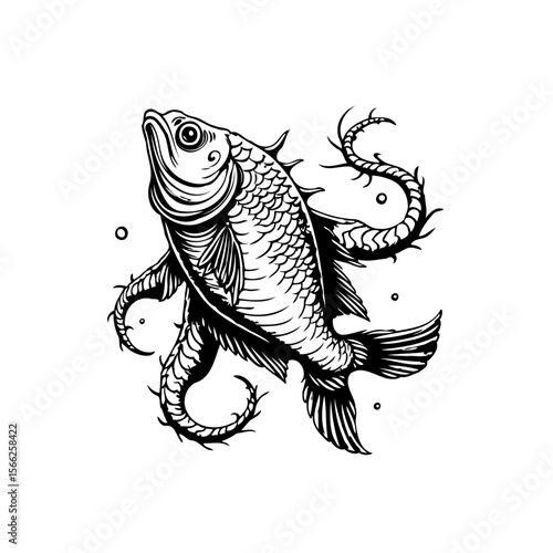 Intricate fish illustration with elaborate tentacles and detailed scales creates a captivating marine artwork