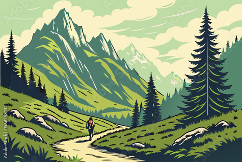 Hiker walks on mountain path surrounded by pine trees and peaks