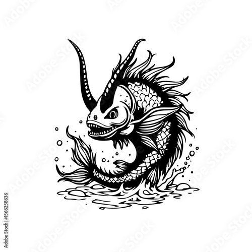 Unique mythological creature combining fish features with dragon like elements in a stylized illustration drawing