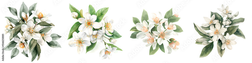 Fototapeta premium Set of four watercolor white floral arrangements with green leaves, isolated on transparent background