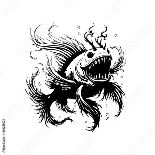 A captivating monochrome illustration of a deep sea fish with elaborate fins and sharp teeth