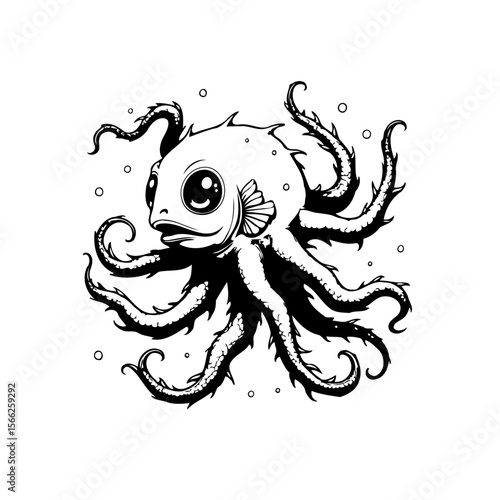 Cute aquatic hybrid combining fish head and octopus tentacles artful monochrome illustration charmingly bizarre