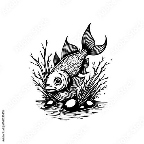 A solitary fish swimming gracefully among aquatic plants and rocks, a minimalist monochrome design showcasing natural underwater beauty