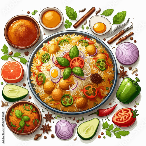 Vibrant, detailed illustration of a plate of biryani, surrounded by a variety of ingredients and spices.