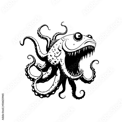 Cartoon sea monster illustration showing a funny octopus with a big mouth full teeth and tentacles