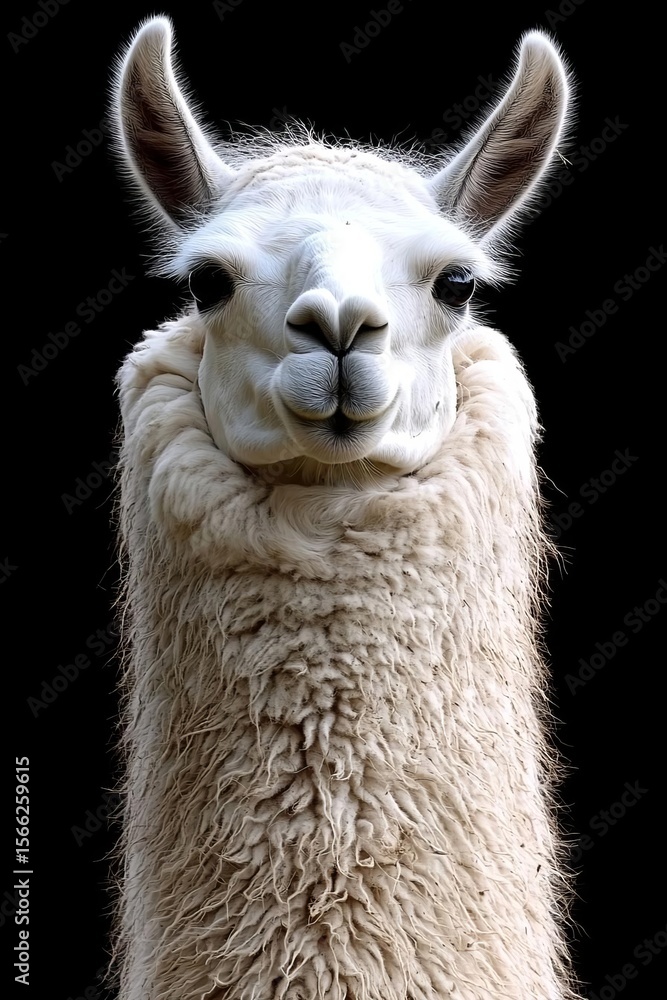 Fototapeta premium Portrait of a white llama Lama glama isolated on black background , isolated on white background, , copy space, copy space for text,