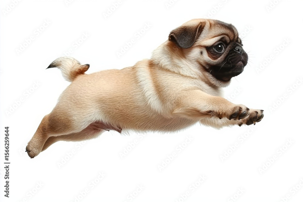 Obraz premium Cute pet dog pug breed jumping with happiness feeling so funny and making serious face