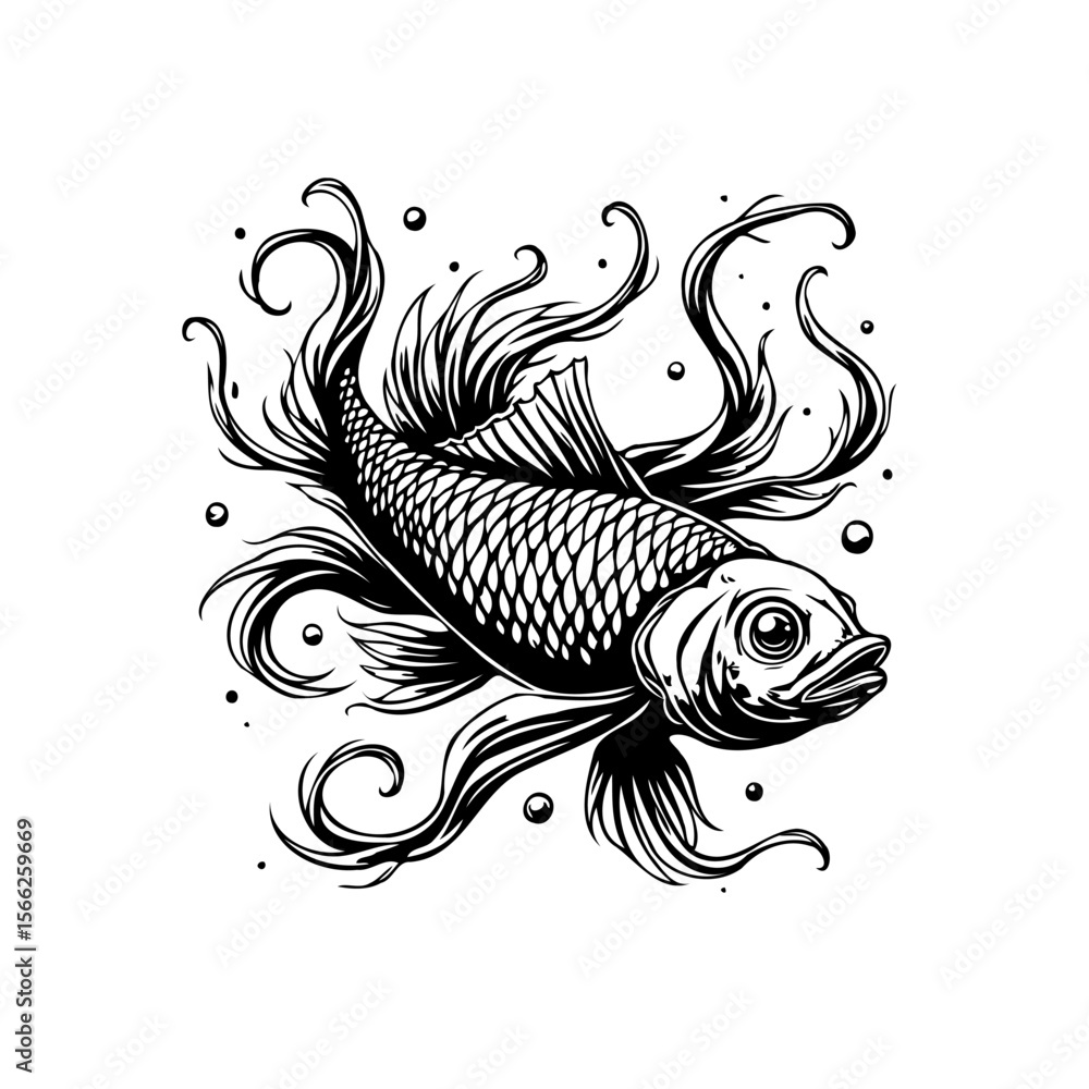 Fototapeta premium Mystical aquatic creature a captivating black and white illustration of a stylized fish with flowing tentacles and scales