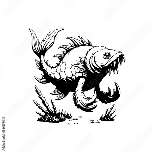 Illustration of a predatory fish with sharp teeth and detailed scales and seaweed element for design