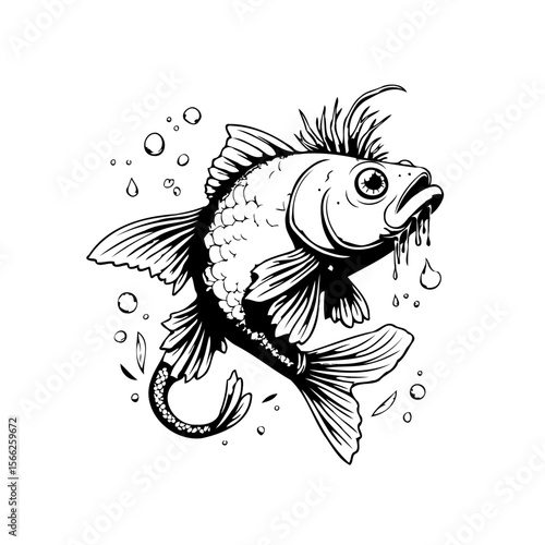 Illustration of a punk rock fish with bubbles in black and white cartoon style drawing