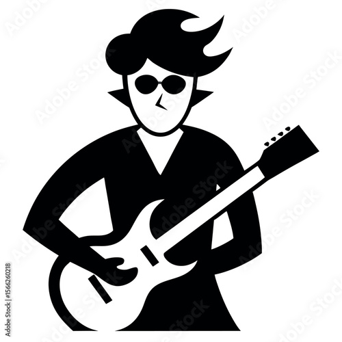 Black and White Cartoon of a Guitarist with Sunglasses Playing Electric Guitar